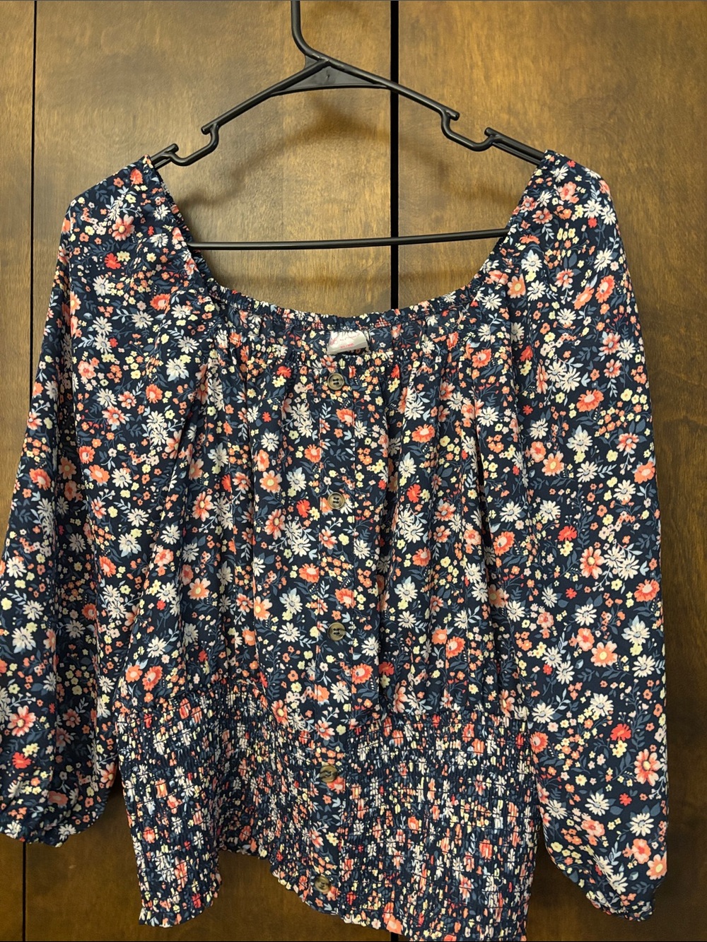 cleo Navy Floral Button-Front Peasant Blouse with Coral & White Flowers